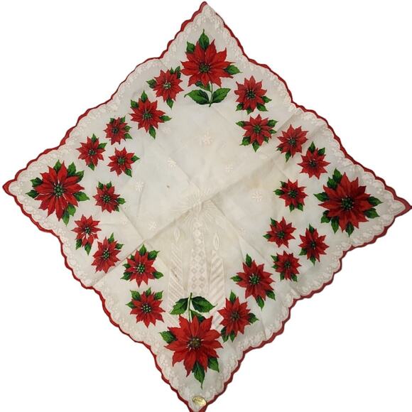 VTG Christmas Red Poinsettias Handkerchief Green Red Hanky Scalloped Edge Flower - Picture 2 of 3